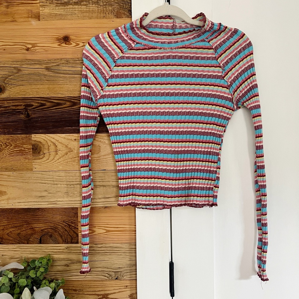 Free People Mirror Blue Striped Mock Neck Long Sleeve Top Medium - Picture 5 of 7